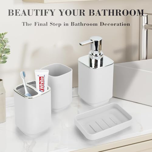 4Pcs White Bathroom Set, Square Boho Soap & Toothbrush Holder Set | Thick shatterproof ABS, electroplated rust-proof pump, drip-free, multi-slot holder, dustproof lids, easy-clean - color: White, size: 4PCS