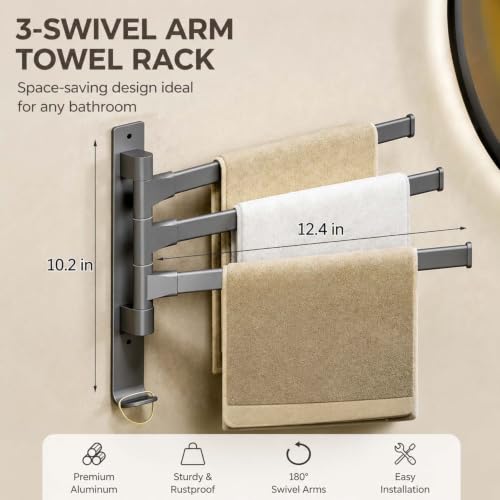 2-5 Arms Swivel Towel Rack Bath Towel Holder with Hook Swing Arm Towel Rack Wall Mount for Bathroom Kitchen-Grey 3Arm - color: Grey, size: 3-arm