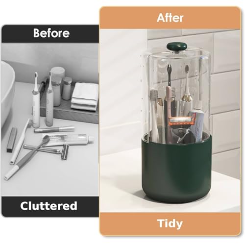 YOOLENS Toothbrush Holder with Cover 360 Rotating 4 Compartments Bathroom Toothpaste Electric Toothbrush Organizer, Dark Green - color: Dark Green