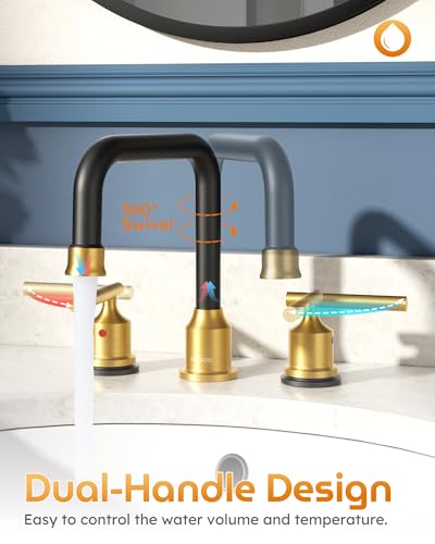 WOWOW Black Gold Bathroom Faucet 3 Hole, Widespread Vanity Sink Faucets | Copper Inlet Faucet for Bathroom Sink with Swivel Spout, 2 Handles Lavatory Tap with Drain and cUPC Supply Line (Set of 2) - color: Black and Gold x 2, style: Upgrade-8 Inch