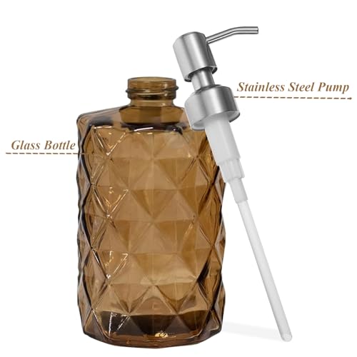 12Oz Brown Glass Soap Dispenser, Liquid Hand Bottle, Stainless Steel Pump | Refillable Clear Kitchen Soap Dispenser with Diamond Design, for Hand soap, Dish Soap, Lotion, Bathroom, Countertop, Hotel - color: Brown Diamond
