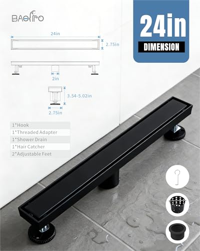 24 Inch Matte Black Linear Shower Drain | CUPC Certified 2-in-1 Tile Insert for Curbless Showers. 304 Steel, 15.8GPM Flow. Includes Hair Catcher & Adjustable Feet. - color: Matte Black, size: 24in