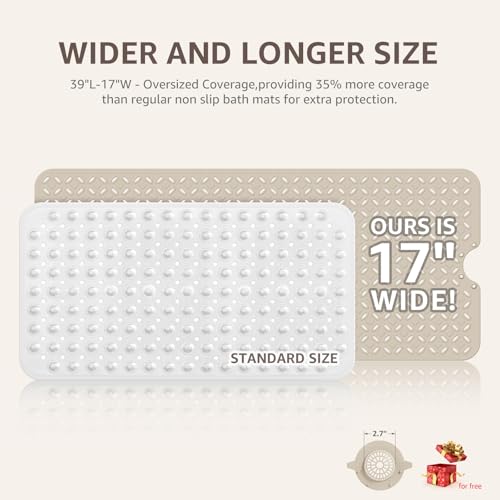 OTHWAY Bath Mat for Tub Non Slip: 39" X 17" Long Bathtub Mat with Hair Catcher│Big Drain Holes Shower Mats for Inside Shower│Machine Washable (Brown) - color: Brown