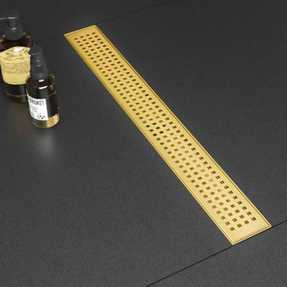 SaniteModar Linear Shower Drain 60 inch Brushed Gold with Square Hole Panel | AISI 304 Stainless Steel Brushed Gold Linear Dain Rectangle Shower Floor Drain with Hair Strainer and Leveling Feet - color: Brushed Gold, size: 60 inch