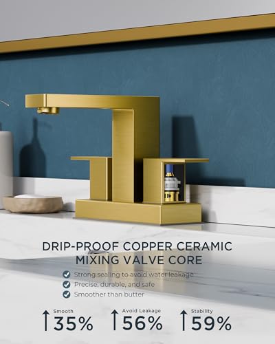 FORIOUS Gold Bathroom Faucet Centerset 4 Inch, Gold Vanity Faucet Remodel | CUPC Two Handle 4" Brushed Gold Centerset Bathroom Faucet 2 Hole with Accessories for Hospitality,Real Estate Procurement - color: Brushed Gold, style: Classic