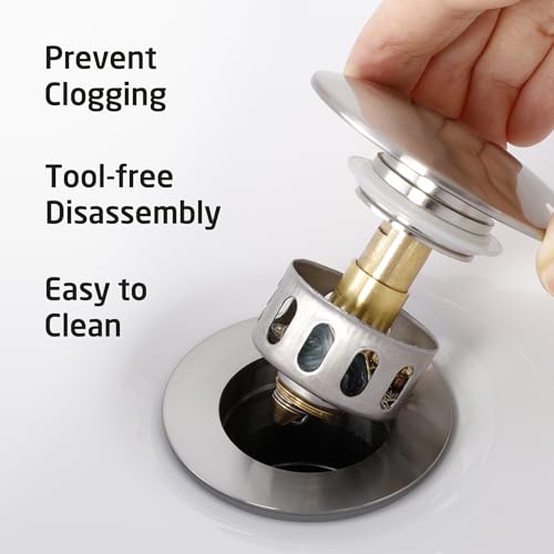KES Bathroom Sink Drain Stopper with Overflow, Pop Up Drain with Detachable Hair Catcher for Lavatory Vanity Vessel Sink, Brushed Nickel 2 Pack, All Metal Rustproof 304 Stainless Steel, S2013A-BN-P2 - color: Brushed Nickel, style: for sink WITH overflow,2