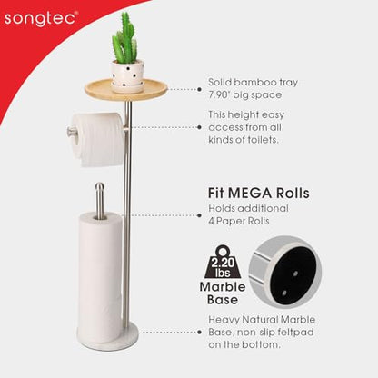 Toilet Paper Holder Stand with 7.9" Big Bamboo Tray, 2.2Lbs Heavier Marble Base, Floor Standing Paper Holder Stand with Phone Shelf, Reserve for 4 Rolls (Brushed Nickel) - color: Brushed Nickel
