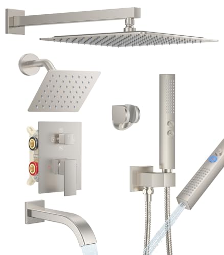 Rain Shower System with Rough-in Valve, Wall Mount Shower Faucet Set with 12" & 6" Dual Rain Shower Heads, 2-in-1 Handheld Shower, Tub Spout, 4-Function Complete Shower Fixture, Brushed Nickel - color: Brushed Nickel, size: Wall Mount-12"+6" head with Tub