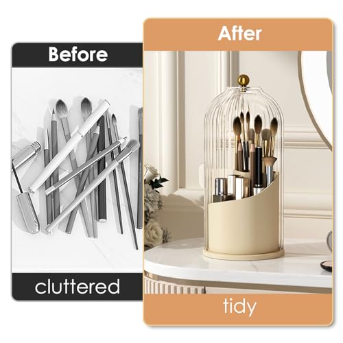 YOOLENS Makeup Brush Holder with Lid 360 Rotating Clear Dustproof Make Up Organizers for Vanity Bathroom Countertop, White Beige - color: White/Beige