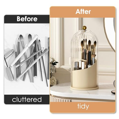 YOOLENS Makeup Brush Holder with Lid 360 Rotating Clear Dustproof Make Up Organizers for Vanity Bathroom Countertop, White Beige - color: White/Beige