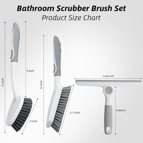 3 Pack Shower Cleaning Brush Set with Grout Cleaning Brush and Squeegee | Stiff Bristles, Ergonomic Handle, Heavy Duty Scrub Brush for Cleaning Bathroom, Shower, Bathtub, Floor, Grout, Tile, Sink