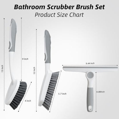 3 Pack Shower Cleaning Brush Set with Grout Cleaning Brush and Squeegee | Stiff Bristles, Ergonomic Handle, Heavy Duty Scrub Brush for Cleaning Bathroom, Shower, Bathtub, Floor, Grout, Tile, Sink