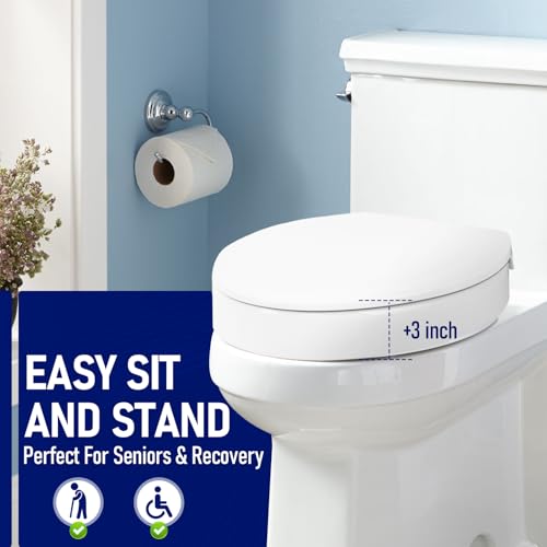 Raised Toilet Seat 3 Inch for Standard Elongated Toilets 18–19 Inch Bowl Length, Not Compatible with Round or One-Piece Toilets, Slow-Close Lid, Non-Slip Stable Design, 772 lb Capacity