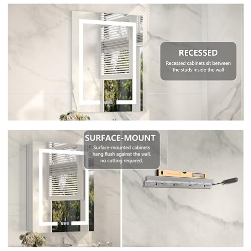 24 x 30" Wall-Mounted LED Bathroom Medicine Cabinet, Anti-Fog, 3 Color Temp | Surface-Mount/Recessed, Double-Sided Mirror Cabinet with DTC Silent-Close Hinges, Adjustable Tempered Glass Shelf - size: 24W x 30H Inch