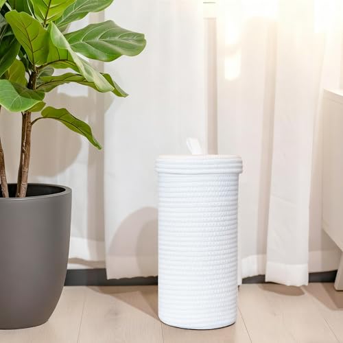 Toilet Paper Holder Handmade – Woven Cotton Toilet Paper Stand & Storage Basket with Lid, Freestanding Organizer for Bathroom, Fits 3 Mega Rolls Gradient Brown 14'' x 7'' - color: White