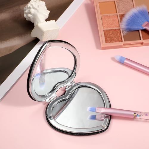 Qianyu Compact Folding Heart Shaped Double-Sided 1X/2X Magnifying Mini Glitter Makeup Mirror with PU Leather for Women Home, Office and Travel (Silver) - color: Silver