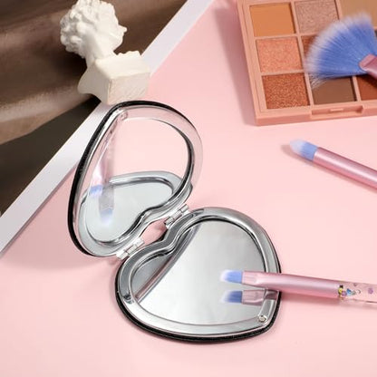 Qianyu Compact Folding Heart Shaped Double-Sided 1X/2X Magnifying Mini Glitter Makeup Mirror with PU Leather for Women Home, Office and Travel (Silver) - color: Silver