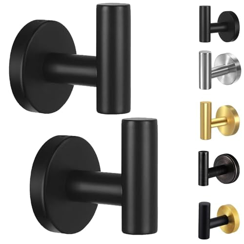 2 Pack Towel Hooks for Bathroom, Wall Mount Towel Holder, Wall Robe Stainless Steel Heavy Duty Door Hanger for Kitchen, Bedroom,Hotel,Pool,Coats, Black - color: Black