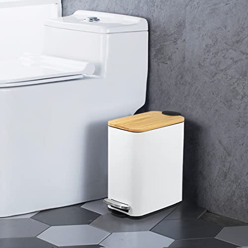 SIDIANBAN Bathroom Trash Can with Bamboo Lid Soft Close and Foot Pedal, Small Rectangular Slim Garbage Can with Inner Wastebasket for Bedroom, Office, Kitchen, 1.3Gal/5L, Black | Small Rectangular Slim Garbage Can with Inner Wastebasket for Bedroom, Offic