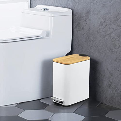 SIDIANBAN Bathroom Trash Can with Bamboo Lid Soft Close and Foot Pedal, Small Rectangular Slim Garbage Can with Inner Wastebasket for Bedroom, Office, Kitchen, 1.3Gal/5L, Black | Small Rectangular Slim Garbage Can with Inner Wastebasket for Bedroom, Offic