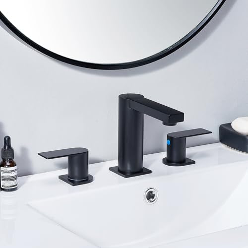 Bathroom Faucet Black 3 Hole, Matte Black Widespread Bathroom Faucet, 2-Handle 8-Inch Center Mount Bathroom Sink Faucet with Hose and Pop-Up Drain for RV Bath Vanity Lavatory, VAL079BRH - color: Matt Black