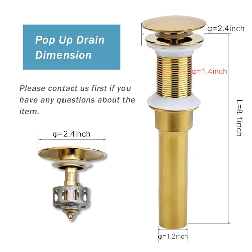 Rockgoya Bathroom Sink Drain, 2 Pack Gold Drain Stopper Bathroom Sink Without Overflow, Pop Up Drain Assembly with Detachable Strainer Basket, Built-in Anti-Clogging Strainer,Stainless Steel - color: Gold-2 Pack, style: Without Overflow