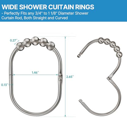 MENGJINGO 12PCS Wide Shower Curtain Hooks Rings, Rust Proof Stainless Steel | Heavy Duty Shower Hooks Rings for Bathroom Shower Rods Curtains Liners, Easy Glide Rollers, Set of 12, Matte Nickel - color: Matte Nickel