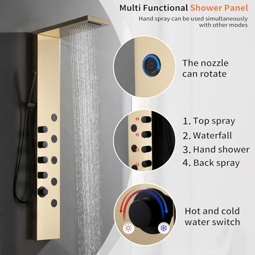 Brushed Gold Stainless Steel Rainfall Shower Panel, Wall Mount Shower Tower, 5 High Pressure Body Jets, Gold - color: Gold