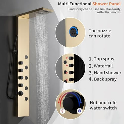 Brushed Gold Stainless Steel Rainfall Shower Panel, Wall Mount Shower Tower, 5 High Pressure Body Jets, Gold - color: Gold