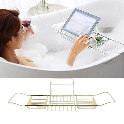 Yctze Stainless Steel Bathtub Tray, Adjustable Shower Tub Caddy with Extendable Sides & Removable Book Holder for Bathroom Accessories (Gold) - color: Gold