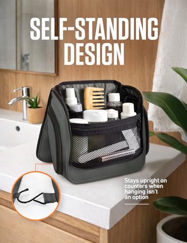 VENTURE 4TH Hanging Travel Toiletry Bag, 18 Compartments - Shadow Gray | Hangs on rails, hooks or doors; stands upright. Removable TSA pouch. Water-resistant Nylon 290D Twill, reinforced stitching. - color: Shadow Gray