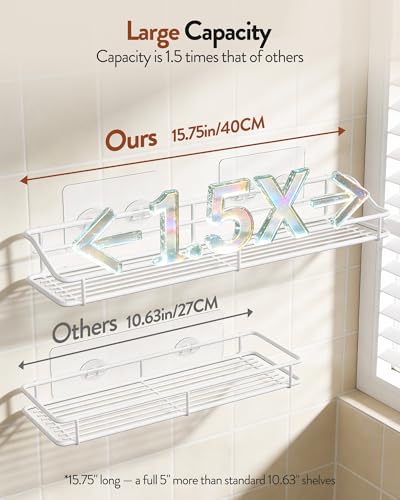 Orimade Bathroom Shelf Organizer Shower Caddy Storage Kitchen Rack with Traceless Transparent Adhesive No Drilling SUS304 Stainless Steel, 15.75inch, White - color: White
