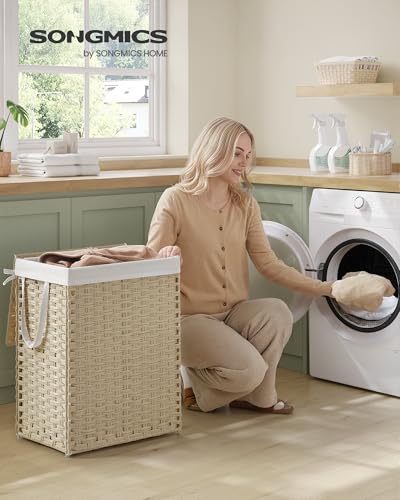 SONGMICS Laundry Hamper with Lid, 23.8 Gallon (90L) Synthetic Rattan Clothes Laundry Basket with Lid and Handles, Foldable, Removable Liner, Summer Sand ULCB051LZ01 - color: Summer Sand, size: 90 L