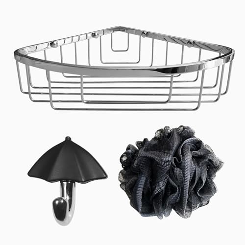 Stainless Steel Wall Mount Shower Caddy, Single Hook & Bath Wipe |Waterproof Durable Corner Shower Rack for Bathroom |Space Saving Bathroom Organizer & Storage for Shampoos Soap Bath Items | Silver - color: Silver