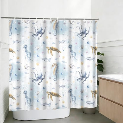 Yeele Ocean Creatures Watercolor Shower Curtain, Turtle Octopus Blue Print Shower Curtain, Waterproof Machine Washable Fabric Bath Curtain 72x72 Inch with Grommets and Hooks - color: Blue 1, size: 72"Wx72"L