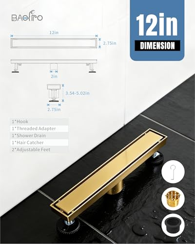 12 Inch Brushed Gold Linear Shower Drain | CUPC Certified 2-in-1 Tile Insert for Curbless Showers. 304 Steel, 15.8GPM Flow. Includes Hair Catcher & Adjustable Feet. - color: Gold, size: 12in