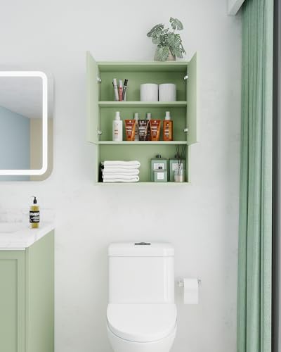Bathroom Cabinet Wall Mount Buffering Hinge,23"x29" inch Over Toilet Storage Cabinet and Adjustable Shelves, Large Space Wooden Medicine Cabinet (Light Green) - color: Light Green, size: 23x29