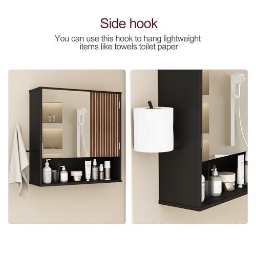 Bathroom Cabinet with Mirror & LED, Wall Mounted Bathroom Cabinet,Side Hook | Magnetic mirror Door,Detachable magnetic Light ,Adjustable Shelves,Side Hook,Open Bottom Shelf,Wood Grain,Over Toilet Mount - color: Black&walnut