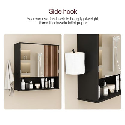 Bathroom Cabinet with Mirror & LED, Wall Mounted Bathroom Cabinet,Side Hook | Magnetic mirror Door,Detachable magnetic Light ,Adjustable Shelves,Side Hook,Open Bottom Shelf,Wood Grain,Over Toilet Mount - color: Black&walnut