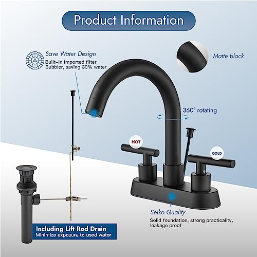 Bathroom Faucet with Lift Rod Drain,4 Inch Centerset 3 Hole,Matte Black | Two Handle Lead-Free SUS304 Stainless Steel Bathroom Sink Faucet with Lift Rod Drain & Supply Lines for RV & Farmhouse - color: Matte Black