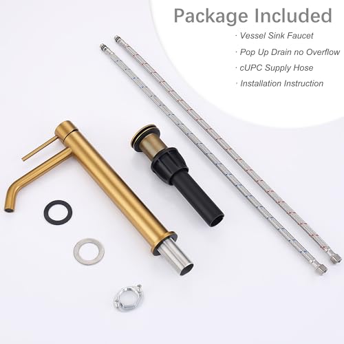 Brushed Brass Vessel Sink Faucet with Pop Up Drain and Supply Lines, Stainless Steel Brass Tall Bathroom Faucet Single Hole, JXMMP Gold Bathroom Faucet for Bowl Sink 1 Hole, JXM1001BTG - color: Brushed Brass, size: Tall Faucet