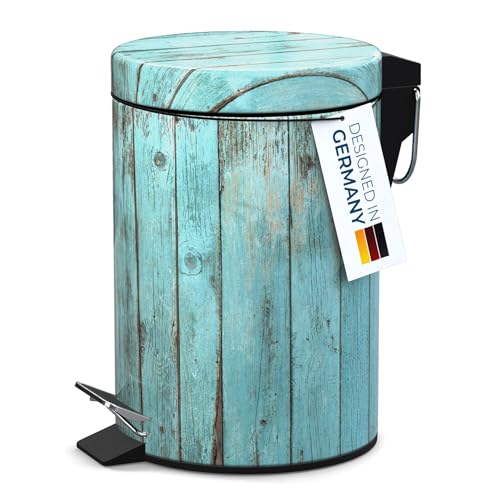 Sanilo Small Bathroom Trash Can with Lid [1.3 Gallon] - Lidded Tiny Trashcan for Garbage - Mini Metal Bin with Soft Closing Mechanism - Bath Room Accessoire Wastebin with Inner Bucket (Lumber) - color: Lumber