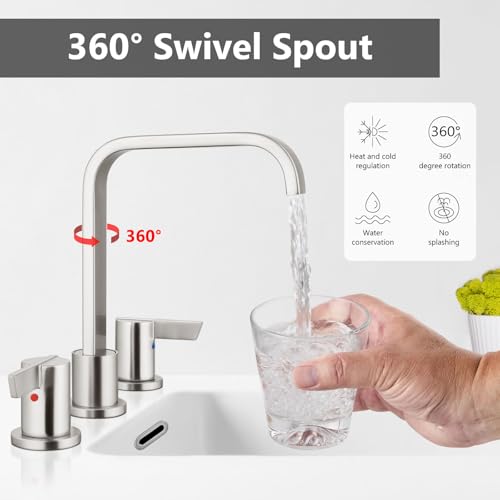 Brushed Nickel Bathroom Faucet 3 Hole 8 Inch Widespread Waterfall | 2-Handle Vanity Faucet, Pop-Up Drain, Supply Lines, Adjustable 4- to 16-Inch Widespread Fit, 360° Swivel Spout - color: Brushed Nickel