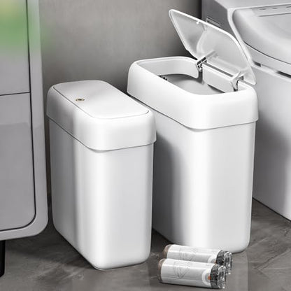 funest 2 Pack Bathroom Trash Can with Pop-Up Lid,3 Gallon & 2.7 Gallon Small Spaces Plastic Garbage Can,Slim Wastebasket for Bathroom, RV, Office, White - style: 2-piece set