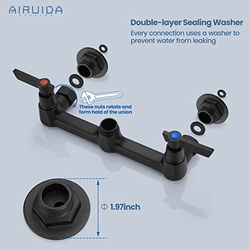 Airuida 8 Inch Matte Black Wall Mount Kitchen Sink Faucet | 2 Handle Kitchen Faucet,without Adapter,360° Swivel Spout,Commercial Sink Faucet,for Laundry Utility - color: Matte Black