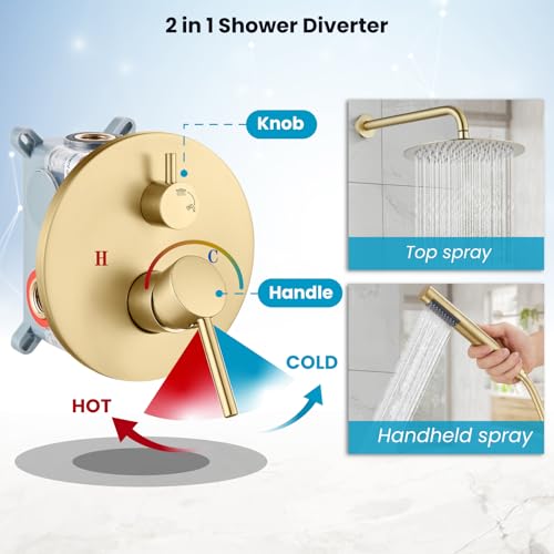 gotonovo Shower Faucet Set with Rough-in Valve Trim Kit,Brushed Gold | 10 Inch Round Rain Showerhead with Handheld Spray,Bathroom Wall Mount Shower System Complete Combo,2-in-1 Diverter,All Metal - color: Gold