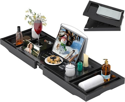 Bathtub Tray Caddy, Expandable Bamboo Bath Tray for Tub | Foldable Bath Table Trays with Non-Slip Pads, Bathroom Spa Accessories, Ideal Gift for New Home & Mom's Birthday, Black - color: Black