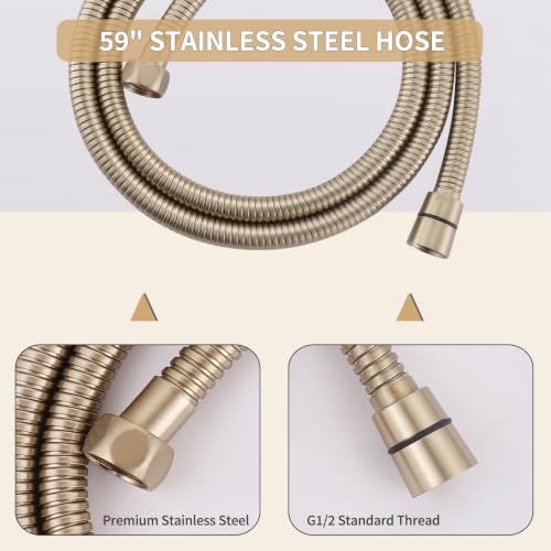 Shower Slide Bar with Handheld Sprayer 2 Modes Handle Shower 59" SUS304 Stainless Steel Hose Shower Height and Angle Adjustable Wall Mounted Bathroom Shower System Remodel Hardware Brushed Gold - color: Brushed Gold-Round