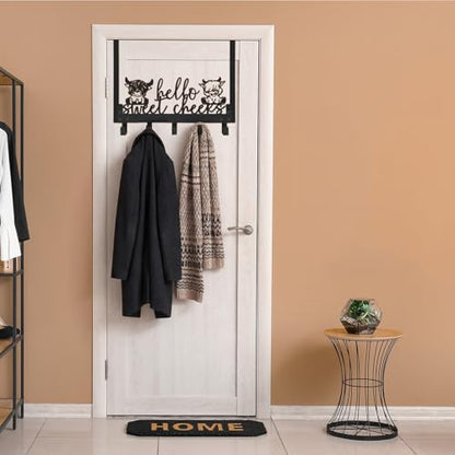 Kathfly Cute Highland Cow Over the Door Hooks Towel Hooks Heavy Duty Hanging Towel Rack Over Door Hanger, 5 Coat Hanger for Bedroom Bathroom Kitchen - color: Black, style: Cute Highland Cow