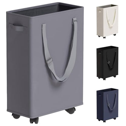 45L Slim Rolling Laundry Basket with Wheels & Adjustable Long Handles, Grey | Small Laundry Baskets with Mesh Top, Narrow Dirty Clothes Hamper for Bedroom, Closet, and Bathroom - color: Gray - Rolling, size: 45L